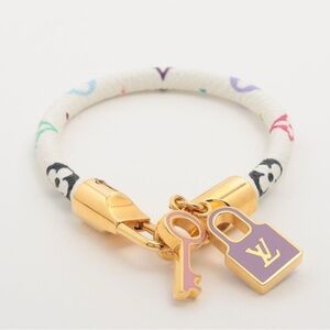 Louis Vuitton Multicolor Monogram Lock & Key Charm Bracelet White Leather Gold ✨